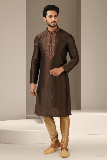Lovely Brown Color Festive Wear Readymade Kurta Pyjama For Men