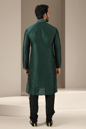 Dark Green Color Sangeet Wear Pretty Readymade Kurta Pyjama For Men In Banarasi Art Silk Fabric