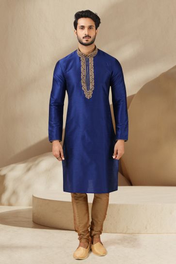 Reception Wear Attractive Readymade Kurta Pyjama For Men In Blue Color Banarasi Art Silk Fabric