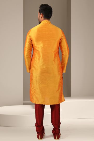 Banarasi Art Silk Fabric Orange Color Festive Wear Readymade Men Stylish Kurta Pyjama