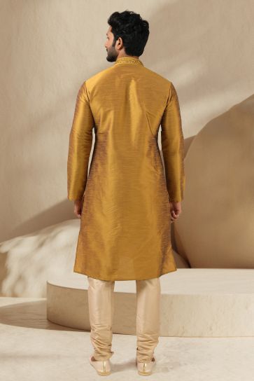 Banarasi Art Silk Golden Color Wedding Wear Readymade Designer Men Kurta Pyjama
