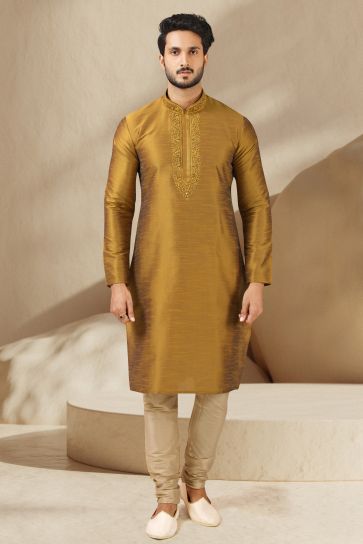 Banarasi Art Silk Golden Color Wedding Wear Readymade Designer Men Kurta Pyjama