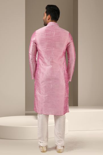 Art Silk Fabric Stunning Pink Color Festive Wear Stylish Readymade Men Kurta Pyjama