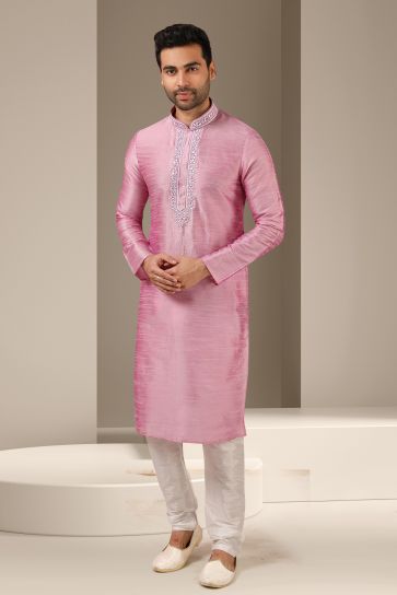 Art Silk Fabric Stunning Pink Color Festive Wear Stylish Readymade Men Kurta Pyjama