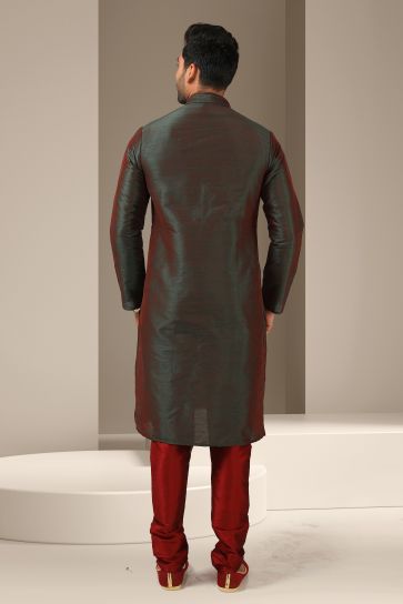 Teal Green Color Banarasi Art Silk Festive Wear Readymade Lovely Kurta Pyjama For Men
