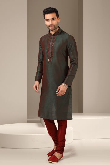 Teal Green Color Banarasi Art Silk Festive Wear Readymade Lovely Kurta Pyjama For Men