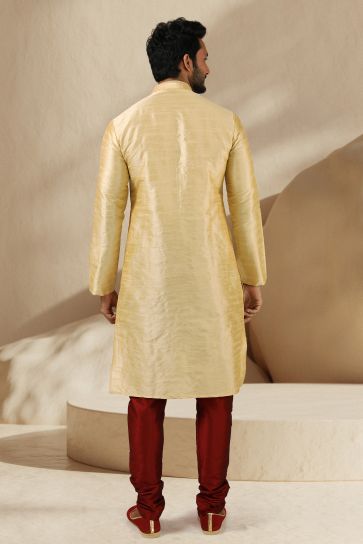 Pretty Banarasi Art Silk Fabric Sangeet Wear Readymade Men Kurta Pyjama In Golden Color