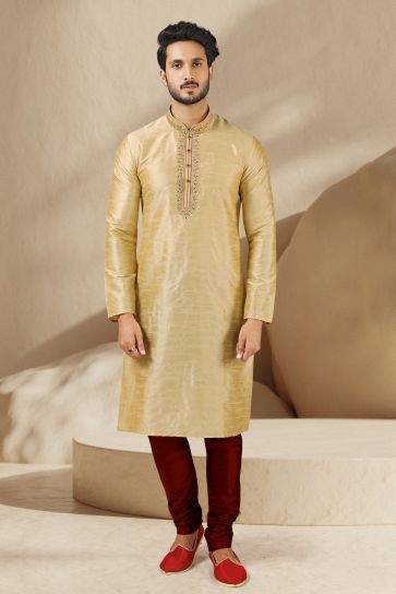Pretty Banarasi Art Silk Fabric Sangeet Wear Readymade Men Kurta Pyjama In Golden Color