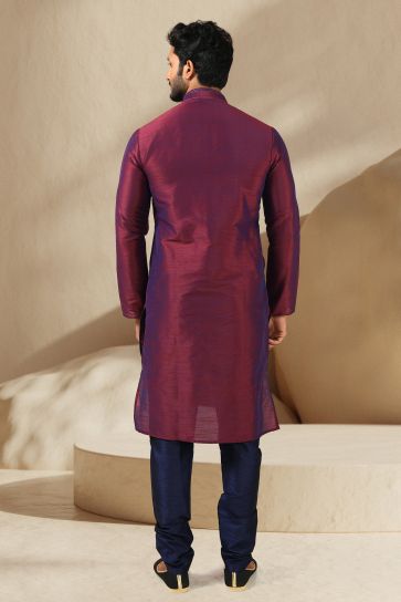 Beautiful Wine Color Wedding Wear Readymade Kurta Pyjama For Men In Banarasi Art Silk Fabric