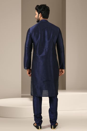 Reception Wear Attractive Readymade Men Kurta Pyjama In Navy Blue Color