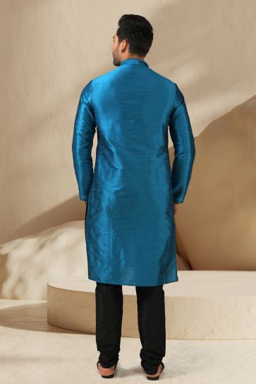 Teal Banarasi Art Silk Graceful Readymade Men Kurta Pyjama For Festive Wear