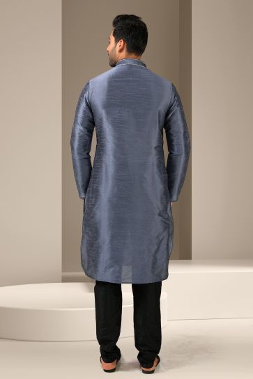Banarasi Art Silk Dark Grey Magnificent Readymade Men Kurta Pyjama For Sangeet Wear
