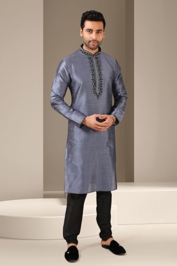Banarasi Art Silk Dark Grey Magnificent Readymade Men Kurta Pyjama For Sangeet Wear