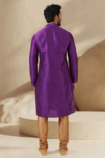 Purple Color Reception Wear Readymade Banarasi Art Silk Fabric Kurta Pyjama For Men