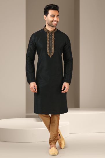 Banarasi Art Silk Fabric Function Wear Readymade Black Color Kurta Pyjama For Men