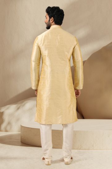 Festive Wear Readymade Kurta Pyjama For Men In Beige Banarasi Art Silk Fabric