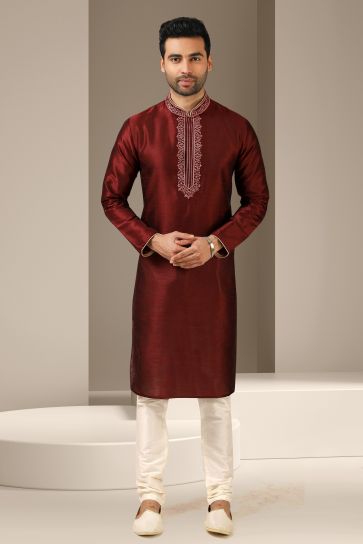 Sangeet Wear Readymade Kurta Pyjama For Men In Banarasi Art Silk Maroon Color