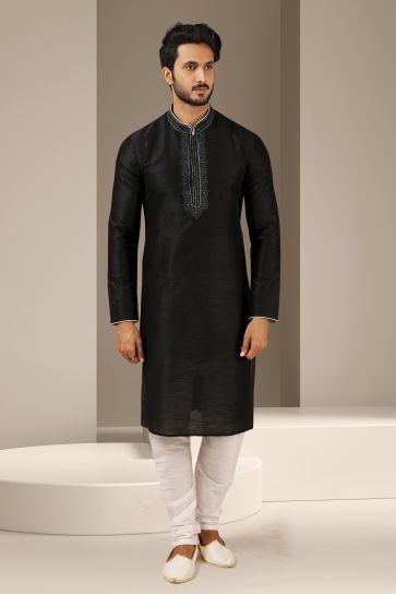 Black Color Banarasi Art Silk Fabric Function Wear Fancy Readymade Kurta Pyjama For Men