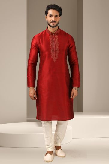 Appealing Red Color Banarasi Art Silk Fabric Function Wear Readymade Kurta Pyjama For Men