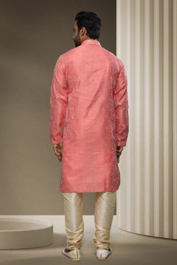 Pink Color Jacquard Silk Fabric Festive Wear Captivating Readymade Kurta Pyjama For Men