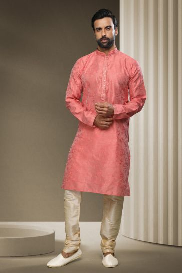 Pink Color Jacquard Silk Fabric Festive Wear Captivating Readymade Kurta Pyjama For Men