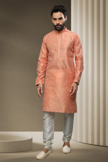 Fetching Peach Jacquard Silk Fabric Sangeet Wear Readymade Kurta Pyjama For Men