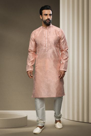 Pink Color Gorgeous Jacquard Silk Wedding Wear Readymade Kurta Pyjama For Men