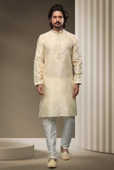 Cream Color Jacquard Silk Fabric Reception Wear Striking Readymade Kurta Pyjama For Men