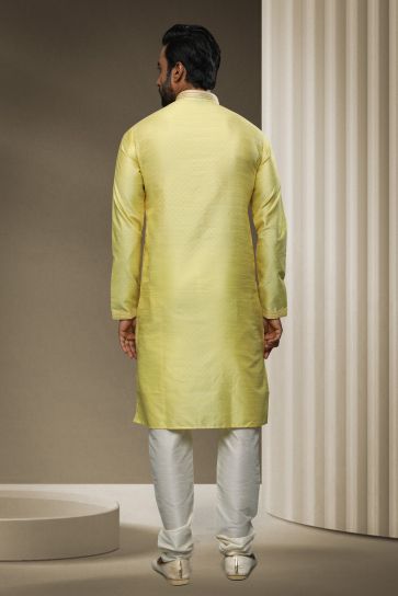 Yellow Jacquard Silk Fabric Sangeet Wear Trendy Readymade Kurta Pyjama For Men