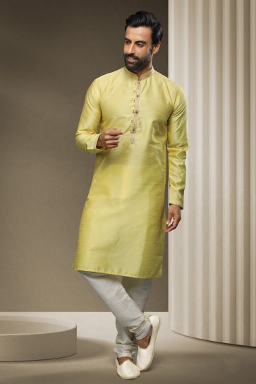 Yellow Jacquard Silk Fabric Sangeet Wear Trendy Readymade Kurta Pyjama For Men