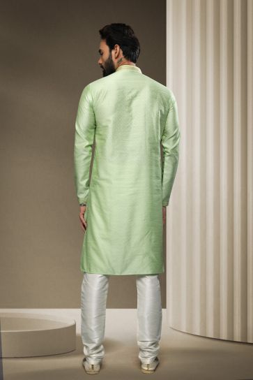 Jacquard Silk Sea Green Color Wedding Wear Readymade Designer Men Kurta Pyjama