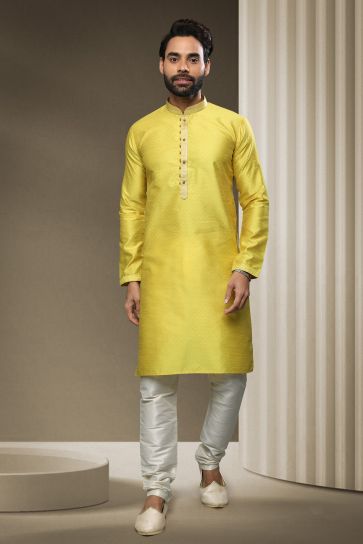 Yellow Color Jacquard Silk Fabric Festive Wear Readymade Fashionable Kurta Pyjama For Men