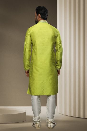 Beautiful Green Color Wedding Wear Readymade Kurta Pyjama For Men In Jacquard Silk Fabric