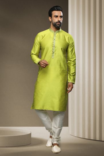 Beautiful Green Color Wedding Wear Readymade Kurta Pyjama For Men In Jacquard Silk Fabric