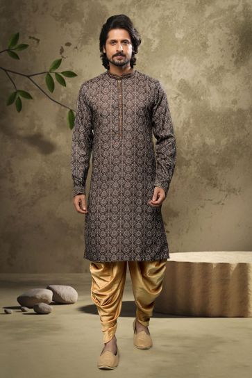 Cotton Fabric Brown Color Printed Festive Wear Trendy Readymade Men Kurta Pyjama