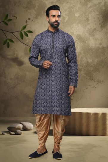 Blue Color Sangeet Wear Cotton Fabric Printed Designer Readymade Kurta Pyjama For Men