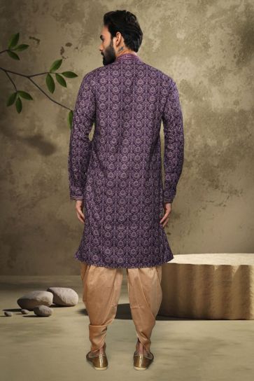 Printed Appealing Purple Color Cotton Fabric Function Wear Readymade Kurta Pyjama For Men