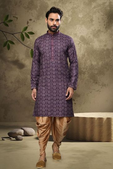Printed Appealing Purple Color Cotton Fabric Function Wear Readymade Kurta Pyjama For Men
