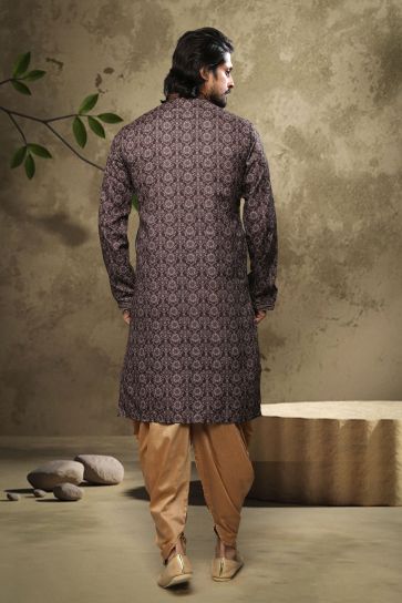 Brown Color Printed Engaging Cotton Fabric Festive Wear Readymade Kurta Pyjama For Men