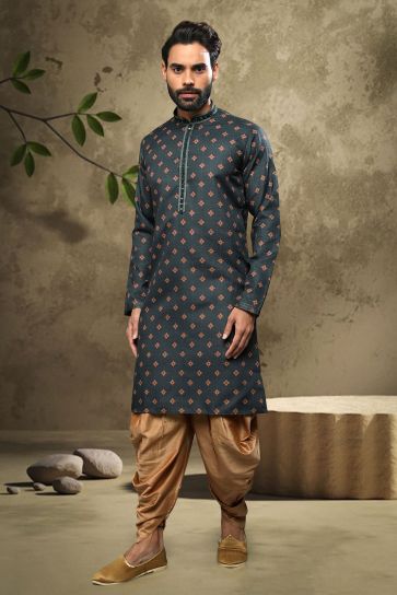 Dark Green Color Cotton Fabric Printed Festive Wear Captivating Readymade Kurta Pyjama For Men