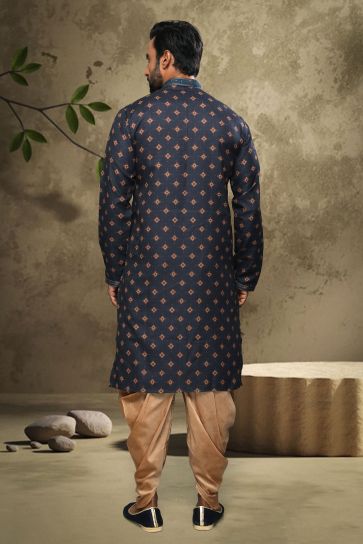 Fetching Navy Blue Cotton Fabric Sangeet Wear Printed Readymade Kurta Pyjama For Men