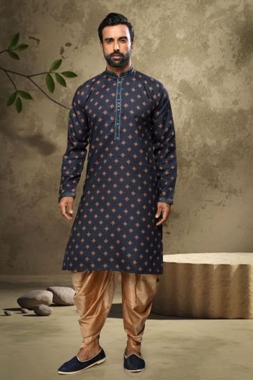 Fetching Navy Blue Cotton Fabric Sangeet Wear Printed Readymade Kurta Pyjama For Men