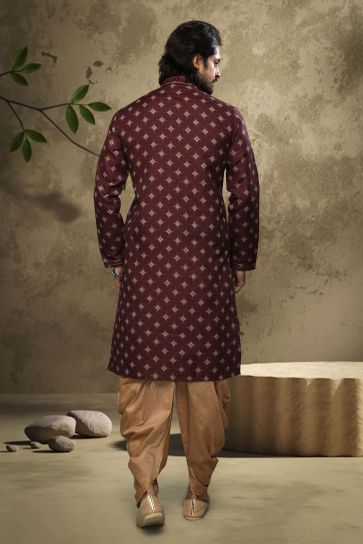 Printed Wine Color Gorgeous Cotton Fabric Wedding Wear Readymade Kurta Pyjama For Men