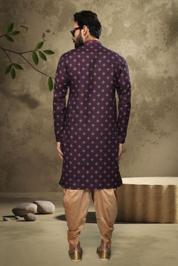 Purple Color Printed Cotton Fabric Reception Wear Striking Readymade Kurta Pyjama For Men