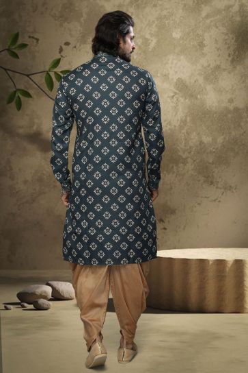 Dark Green Color Stunning Cotton Fabric Printed Function Wear Readymade Kurta Pyjama For Men