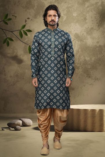 Dark Green Color Stunning Cotton Fabric Printed Function Wear Readymade Kurta Pyjama For Men