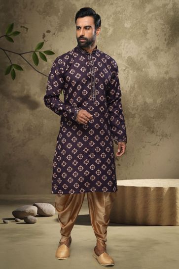 Cotton Fabric Lovely Purple Color Festive Wear Printed Readymade Kurta Pyjama For Men