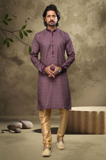Printed Purple Color Sangeet Wear Pretty Readymade Kurta Pyjama For Men In Cotton Fabric