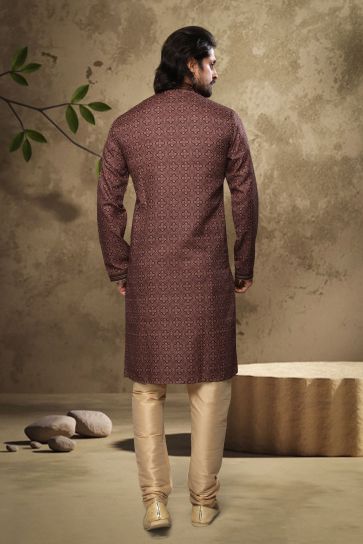 Reception Wear Attractive Printed Readymade Kurta Pyjama For Men In Brown Color Cotton Fabric