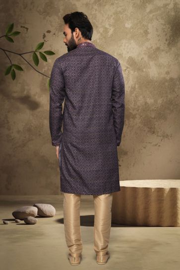 Printed Fancy Navy Blue Color Cotton Fabric Function Wear Readymade Kurta Pyjama For Men
